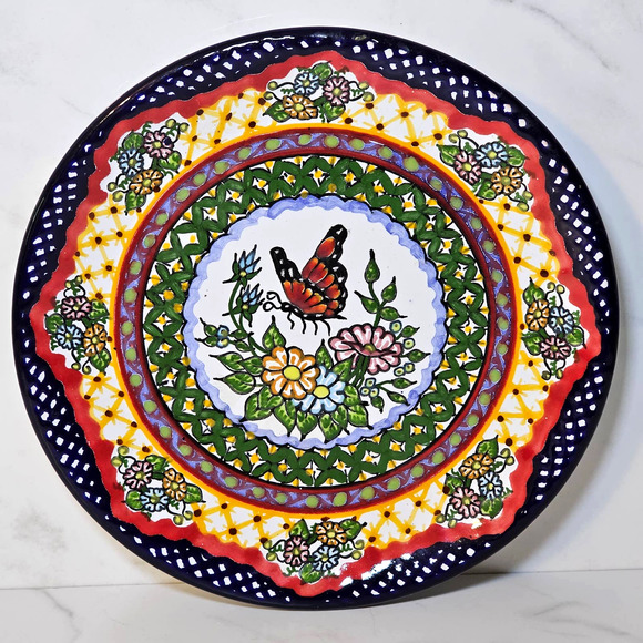 Talavera Arte Espinosa HNOS Pue Mexico Handmade Wall Plate Floral Butterfly 8.5" - Picture 2 of 6